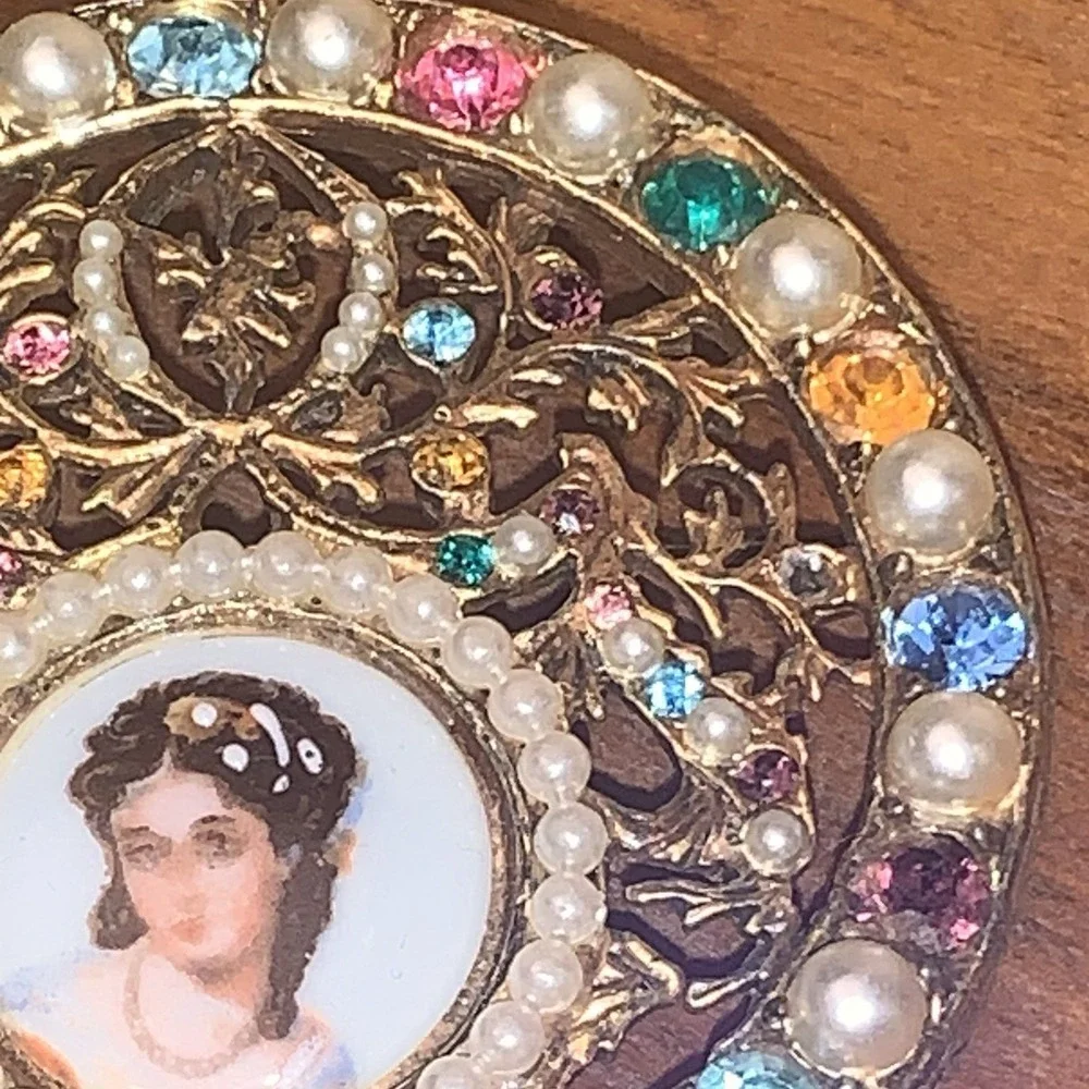 VTG Limoges Brooch Pin Pocket Watch Design‎ Hand Painted Porcelain Lady Portrait
